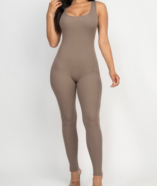 ABIGAIL RIBBED SCOOP NECK JUMPSUIT (TAUPE)